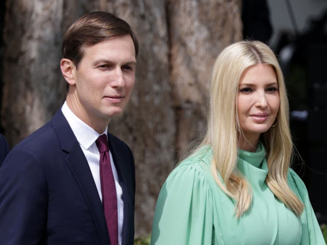 <p>Special adviser to the president Jared Kushner (L) and Ivanka Trump arrive to the signing ceremony of the Abraham Accords on the South Lawn of the White House 15 September 2020 in Washington, DC</p>