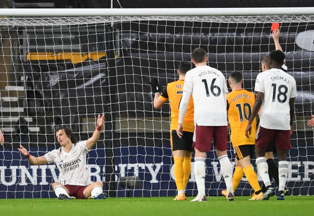 David Luiz is shown a red card for Arsenal