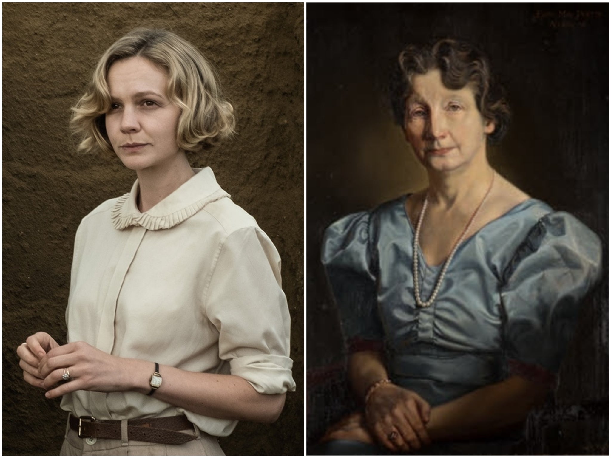 Carey Mulligan as Edith Pretty in The Dig, and a painting of the real-life Edith Pretty