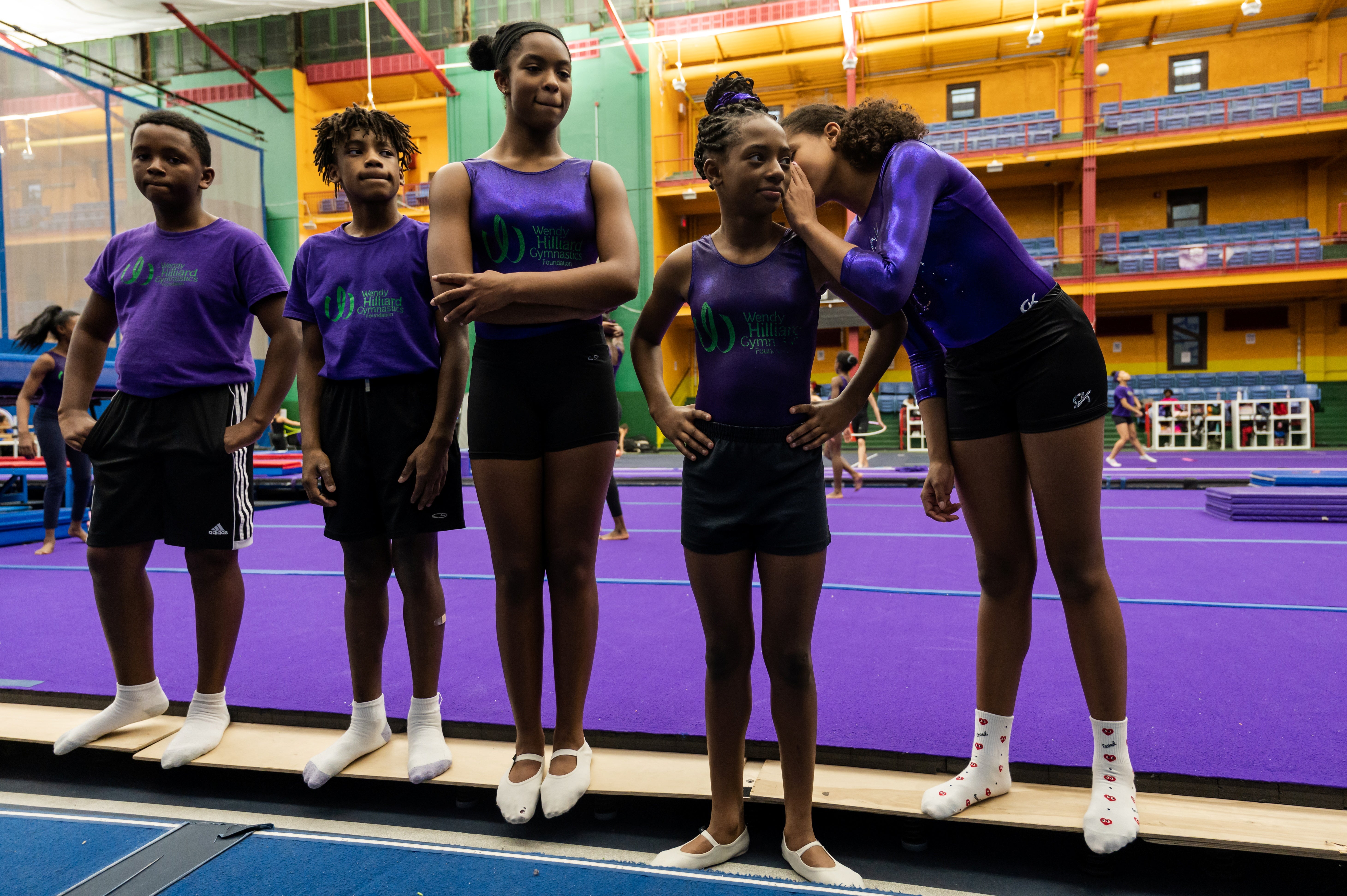 Gymnasts Carter Beckles, ZaQuae Carter, Kaya Beckles, Ty-La Morris and Phoenix Britt during training