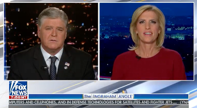 Sean Hannity hands over to Laura Ingraham at the end of his show on Fox News on 2 February 2021