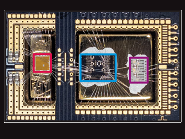 The Gooseberry chip (red) sits next to a qubit test chip (blue) and resonator chip (purple)