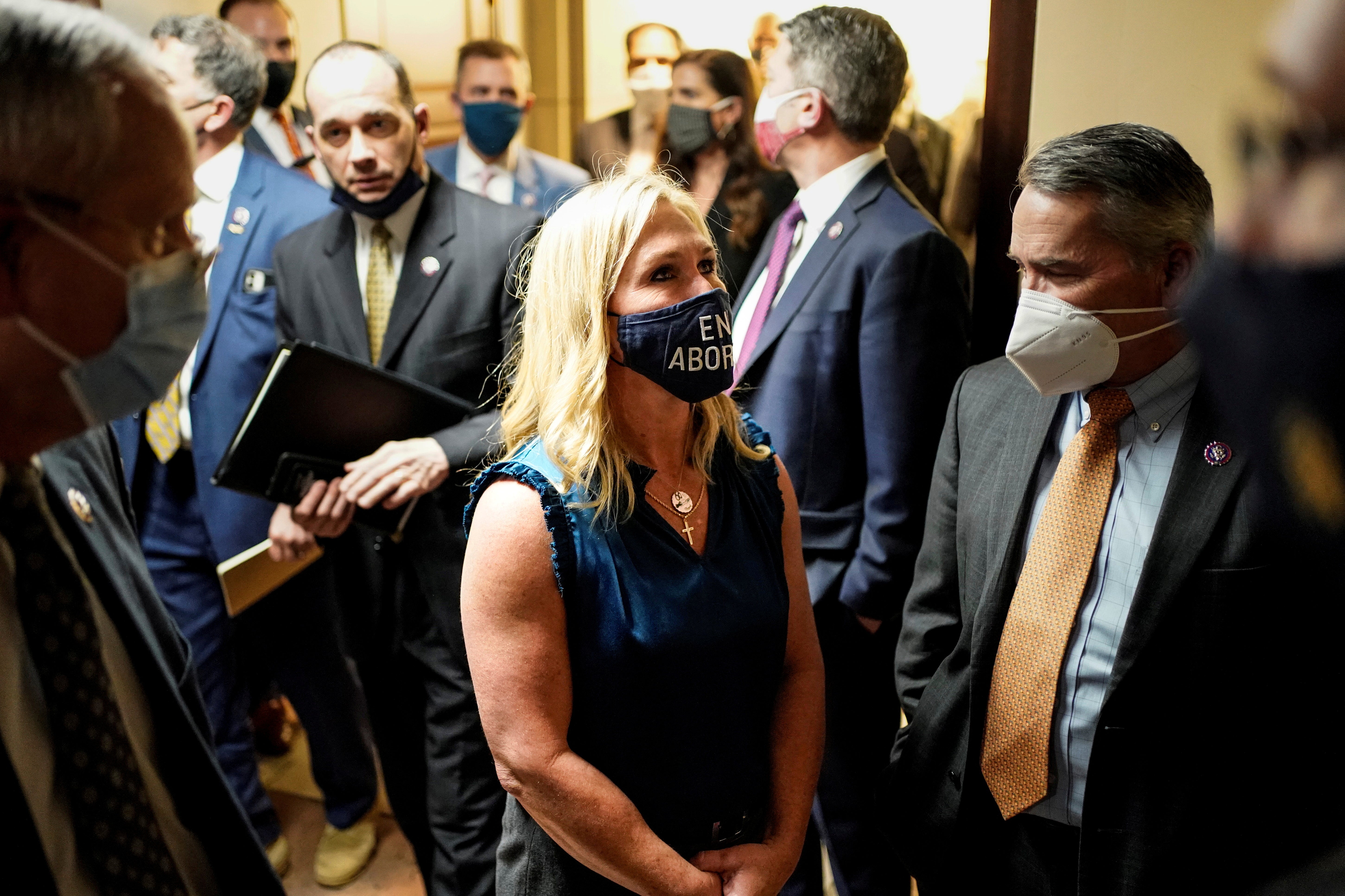Marjorie Taylor Greene (R-GA) departs after a House Republican Caucus meeting on Capitol Hill in Washington, U.S., February 3, 2021