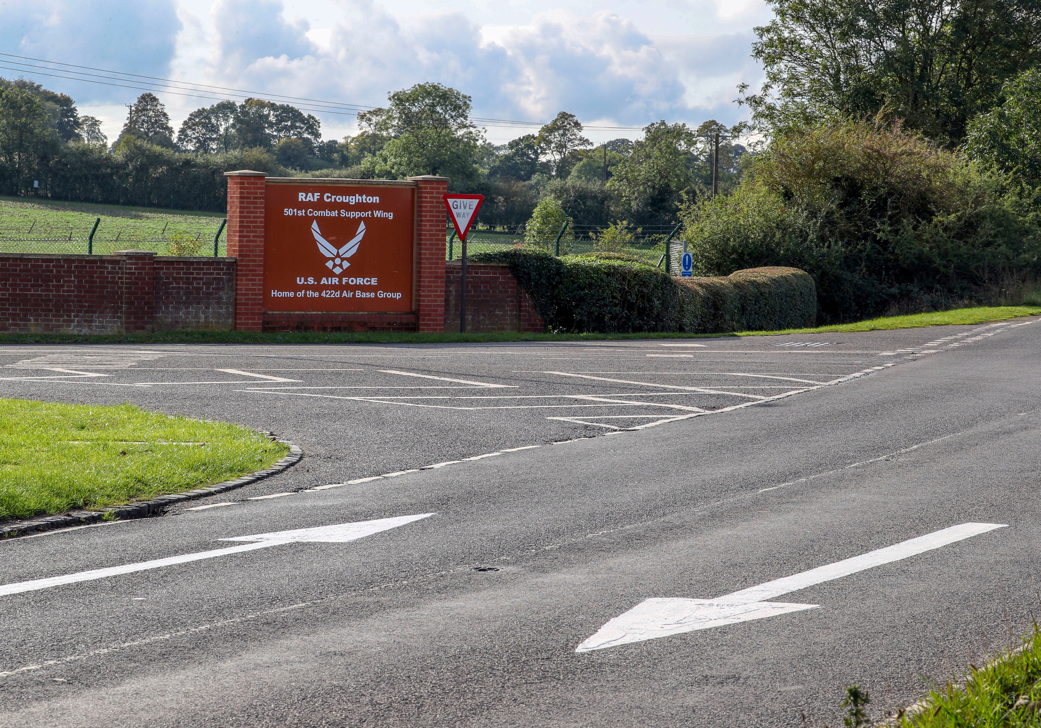 Drive on Left arrows on the road outside RAF Croughton, in Northamptonshire, near where Harry Dunn died