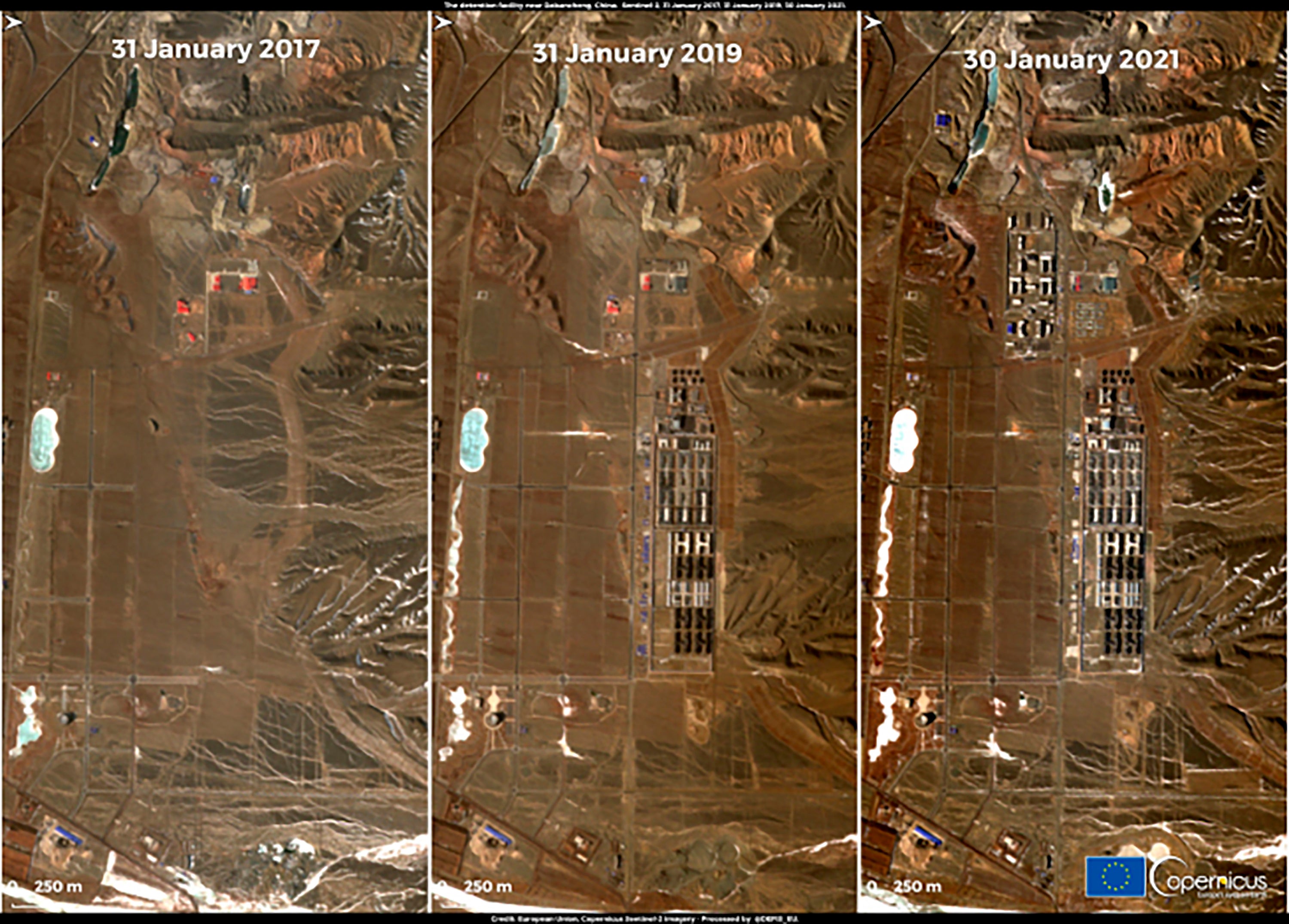 A combination of satellite images released on 1 February by Copernicus, the European Union's Earth observation program, shows detention facility near Dabancheng, Xinjiang region, China. Satellite imagery shows that some of the camps have closed and others have been expanded or converted into prisons, analysts say.