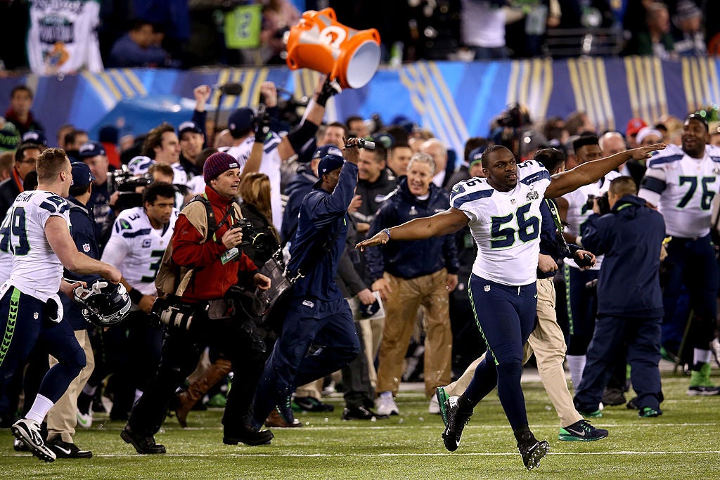 Cliff Avril celebrates the Seattle Seahawks’ 43-8 win over the Denver Broncos at Super Bowl XLVIII