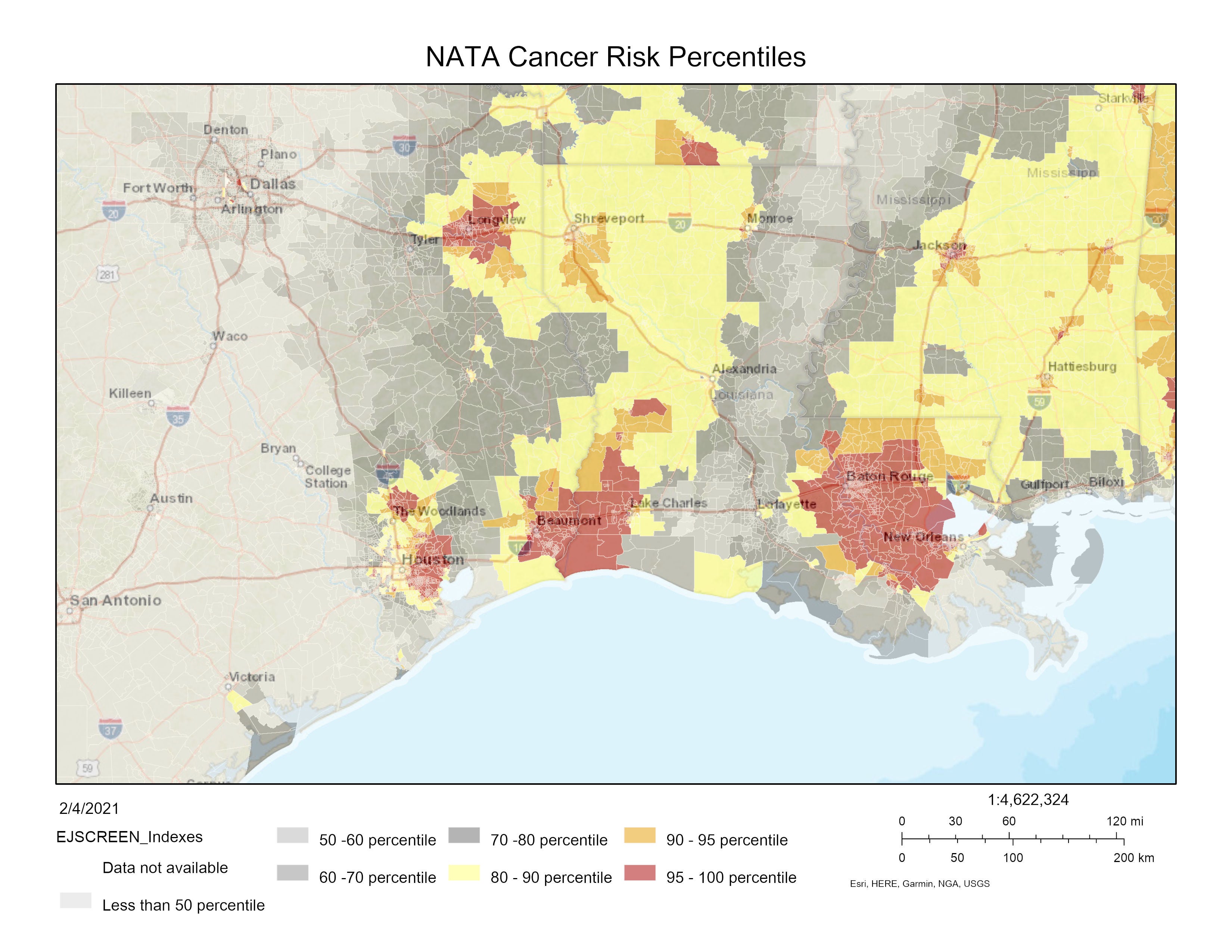 A map of air pollution-related cancer risk across Louisiana, based on EPA’s most recent (2014) National Air Toxics Assessment. Most of the area between Baton Rouge and New Orleans is in the 95-100 percentile nationally, meaning that the residents of these areas have a higher air-pollution-related cancer risk than at least 95 per cent of Americans