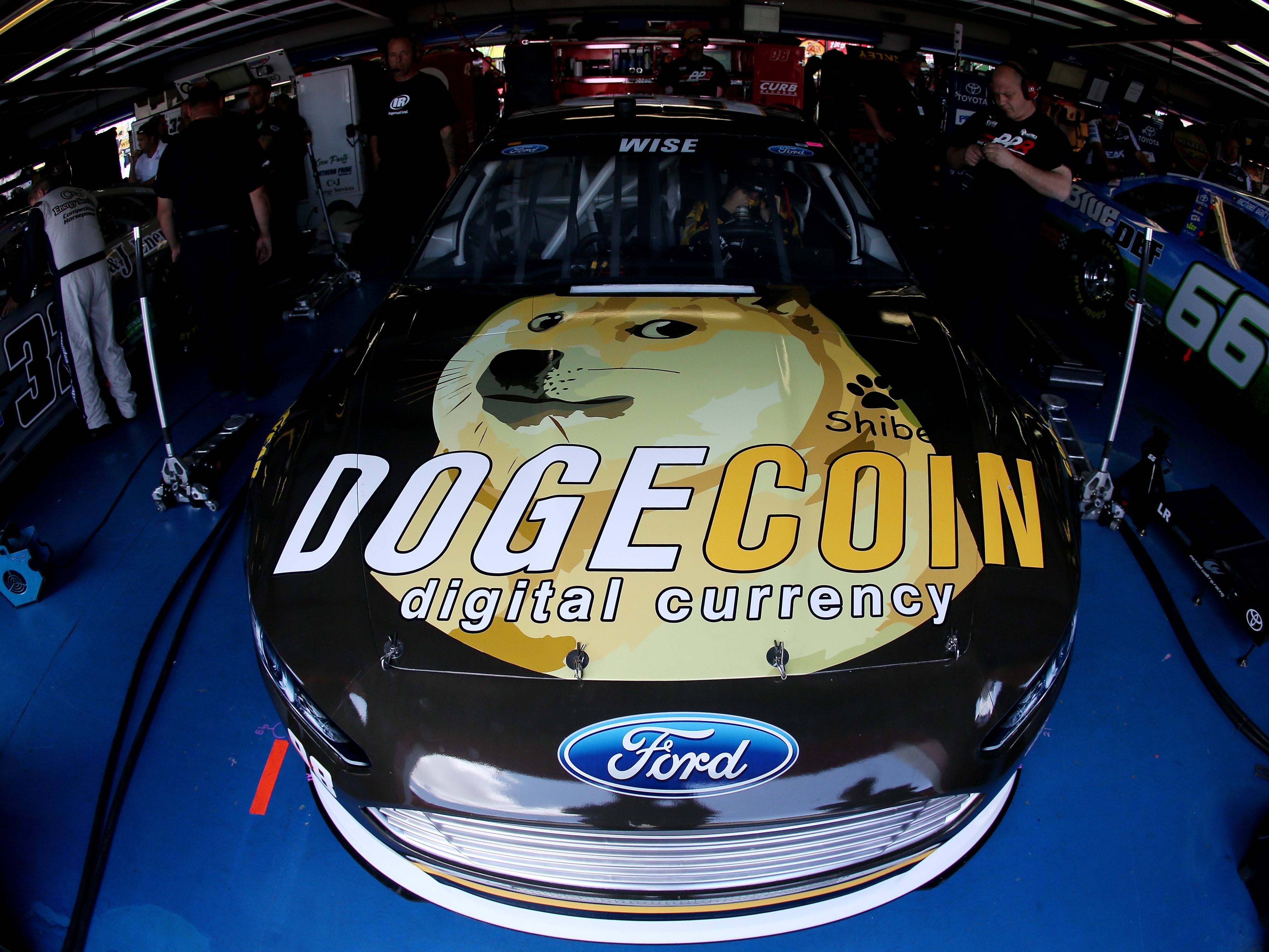 The Dogecoin Ford, driven by Josh Wise, in the garage during the Nascar Sprint Cup Series at Talladega Superspeedway on 2 May, 2014 in Talladega, Alabama