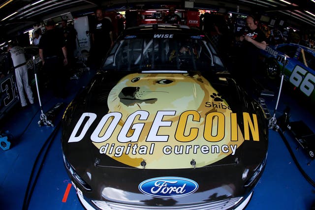 The Dogecoin Ford, driven by Josh Wise, in the garage during the Nascar Sprint Cup Series at Talladega Superspeedway on 2 May, 2014 in Talladega, Alabama