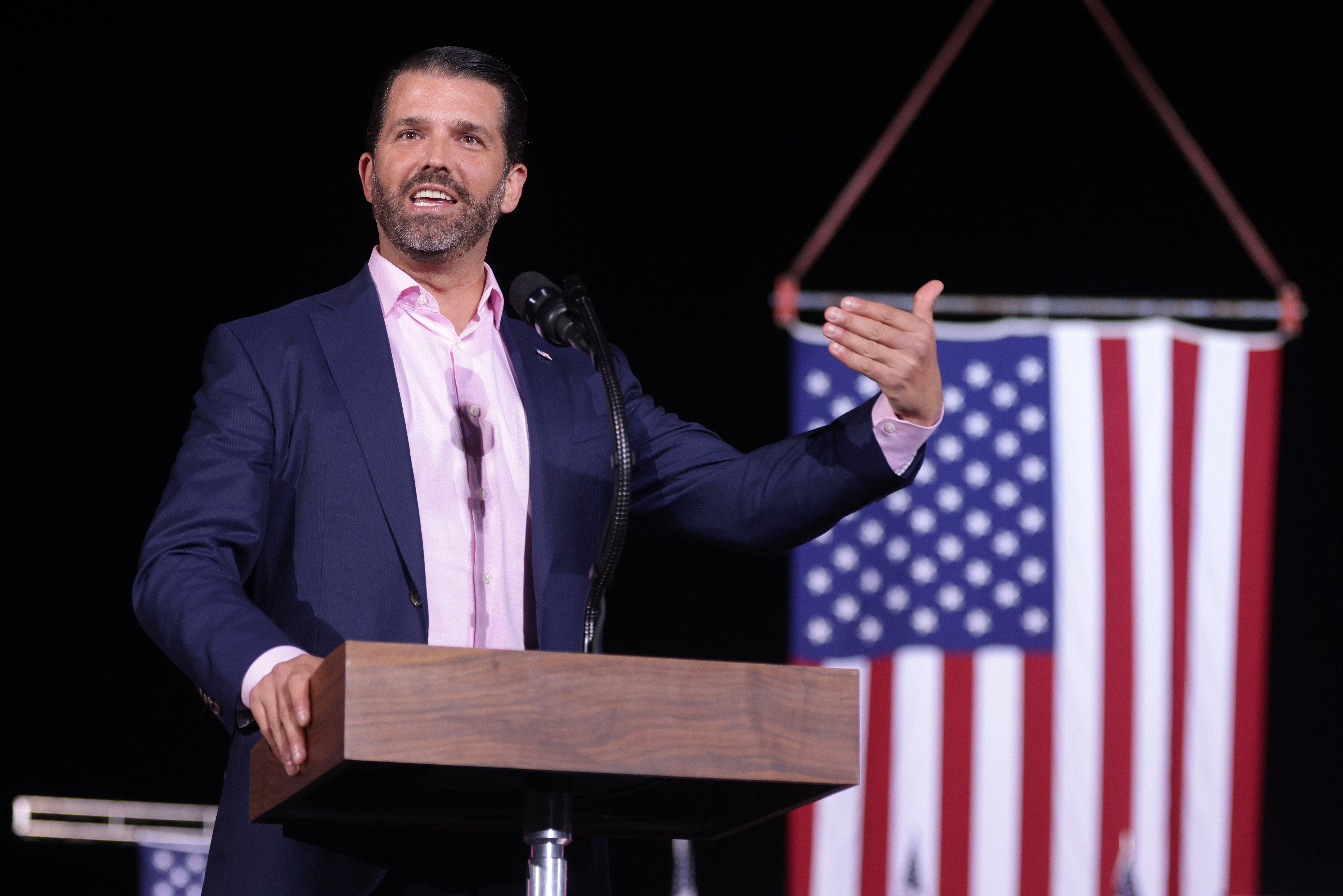 File Image: Donald Trump Jr., son of U.S. President Donald Trump, speaks during a Republican National Committee Victory Rally at Dalton Regional Airport January 4, 2021 in Dalton, Georgia.