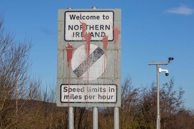 <p>Signage welcoming motorists from the Irish Republic into Northern Ireland.  Northern Ireland has seen growing unionist discontent regarding the implementation of an  Irish sea border</p>