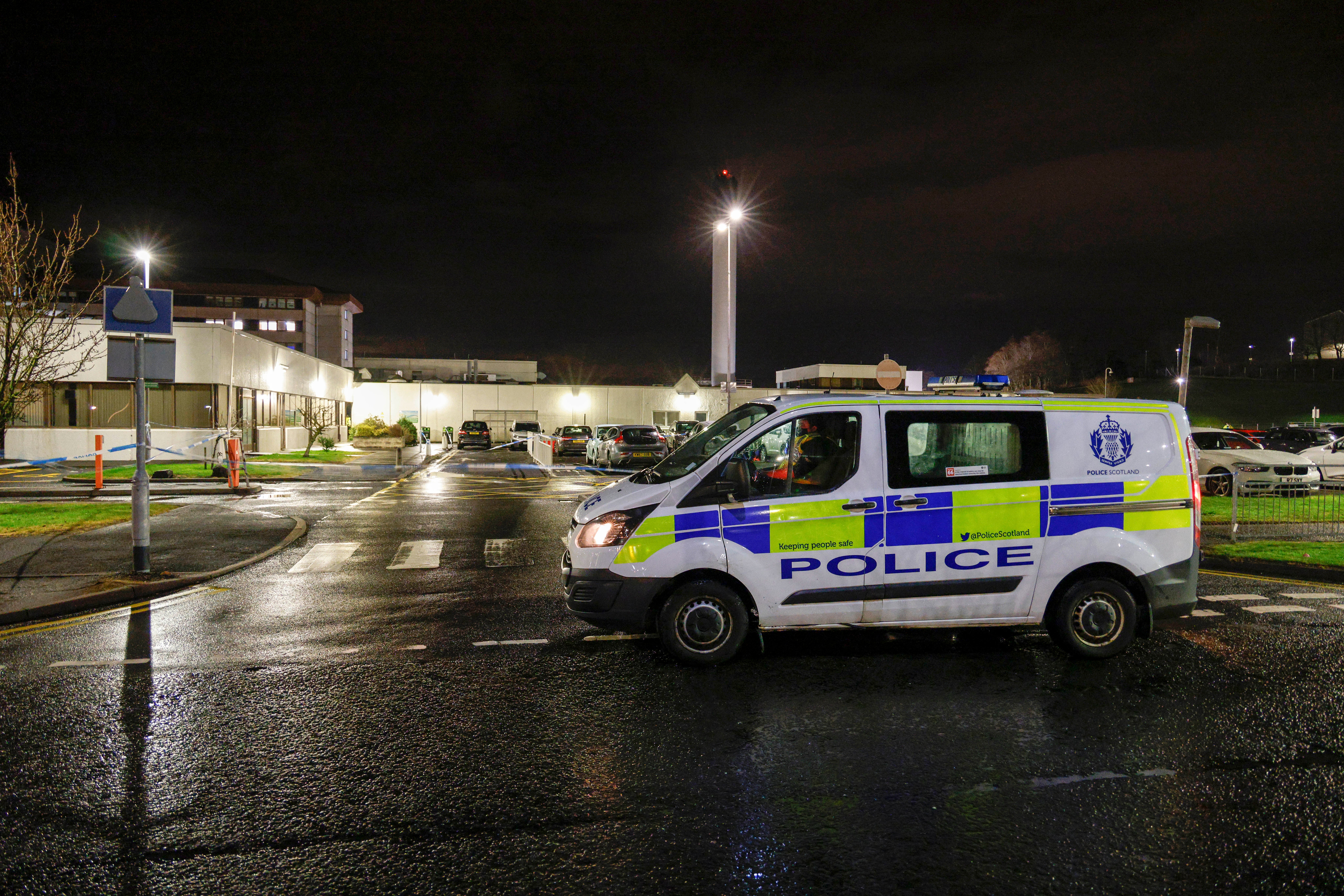 Police investigate a stabbing University Hospital Crosshouse in Kilmarnock, East Ayrshire, Scotland.