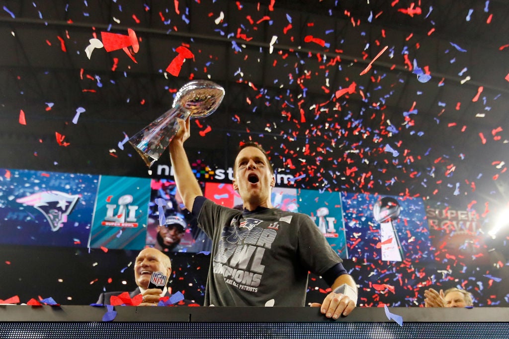 Tom Brady celebrates with the Vince Lombardi Trophy after Super Bowl 51 in 2017