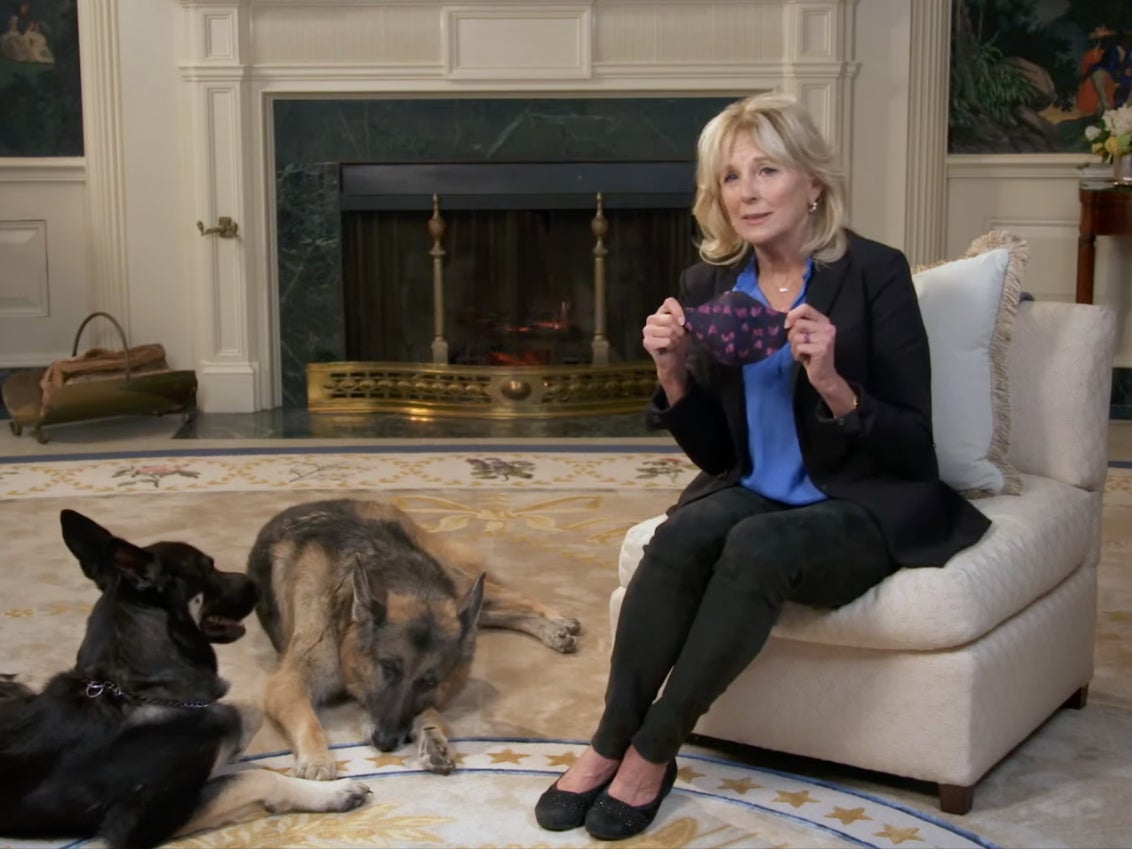 Jill Biden and Major and Champ feature in mask-wearing PSA 