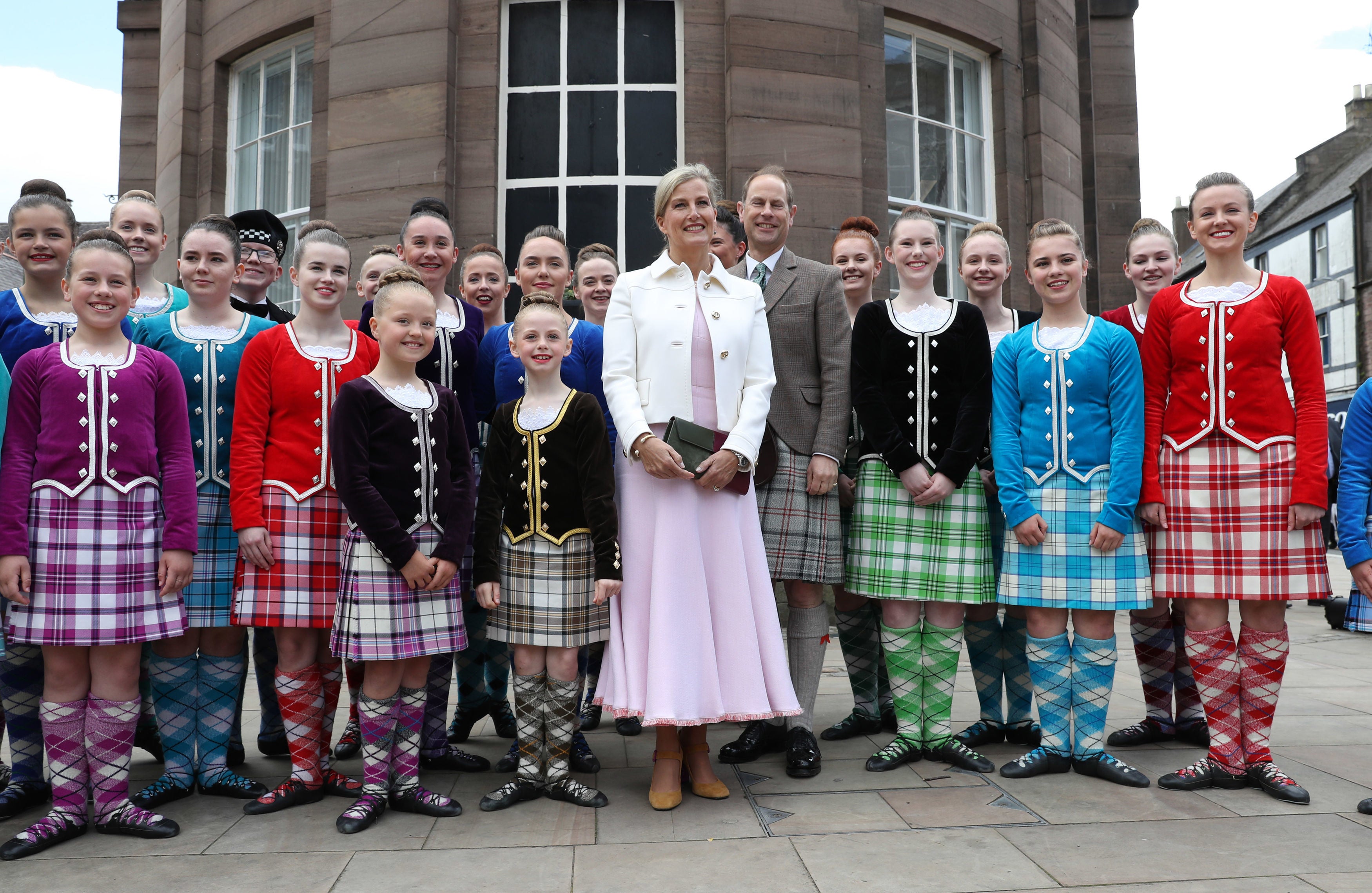 Prince Edward and Sophie Wessex, known in Scotland as the Earl and Countess of Forfar, pictured with highland dancers in Forfar, Angus, in 2019