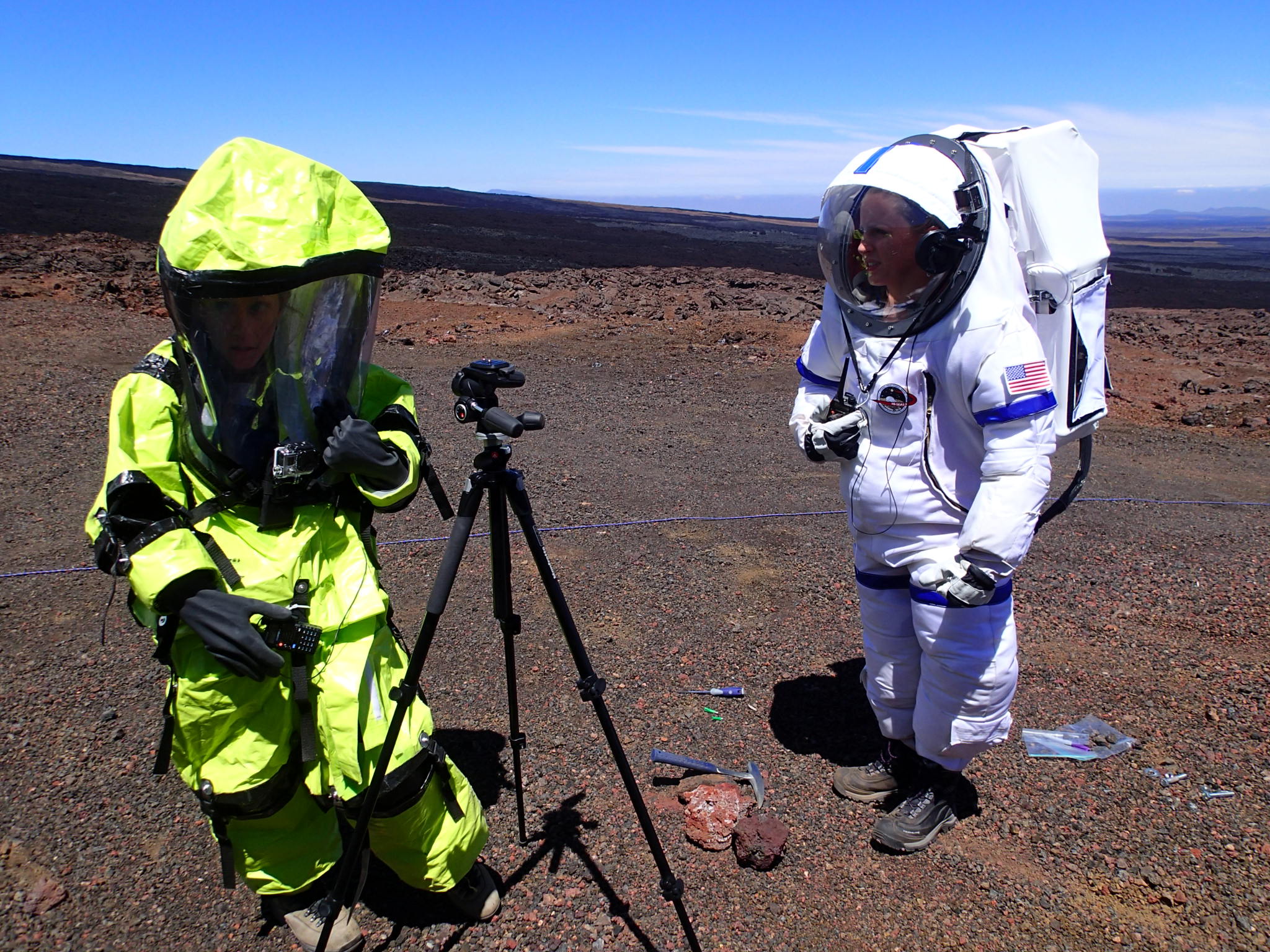 HI-SEAS scientists tests hazmat and MX-C space suit simulators on the mock Mars habitat on Mauna Loa in Hawaii