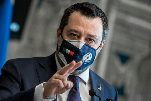 <p>The League's Matteo Salvini addresses the media after meeting with Mario Draghi at the Chamber of Deputies in Rome on Saturday</p>