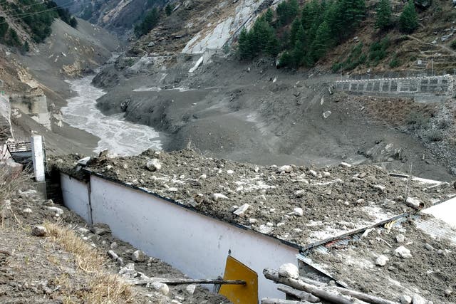 <p>A view shows damage after a Himalayan glacier broke and crashed into a dam at Raini Chak Lata village in Chamoli district, northern state of Uttarakhand, India</p>