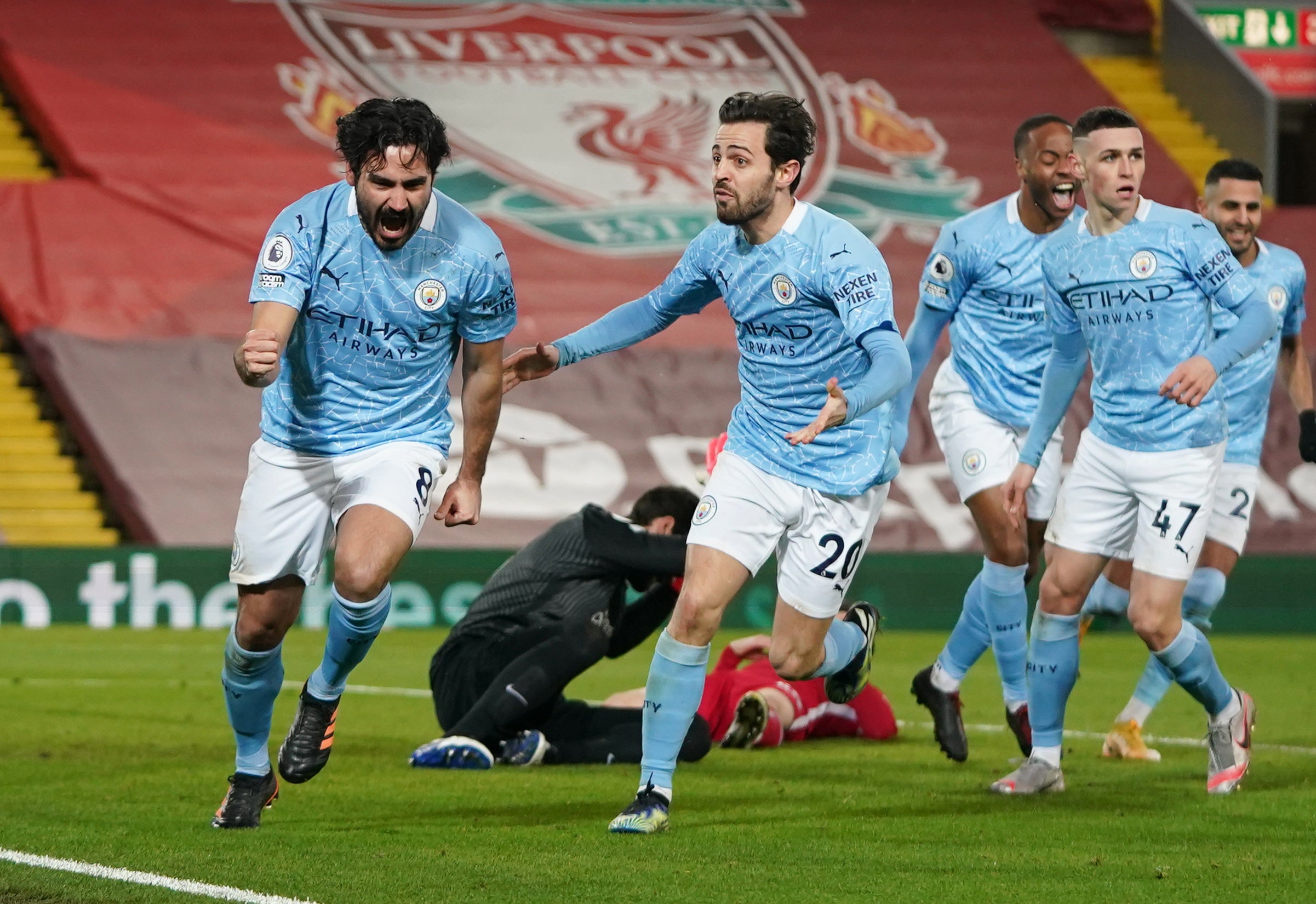 Ilkay Gundogan celebrates scoring against Liverpool