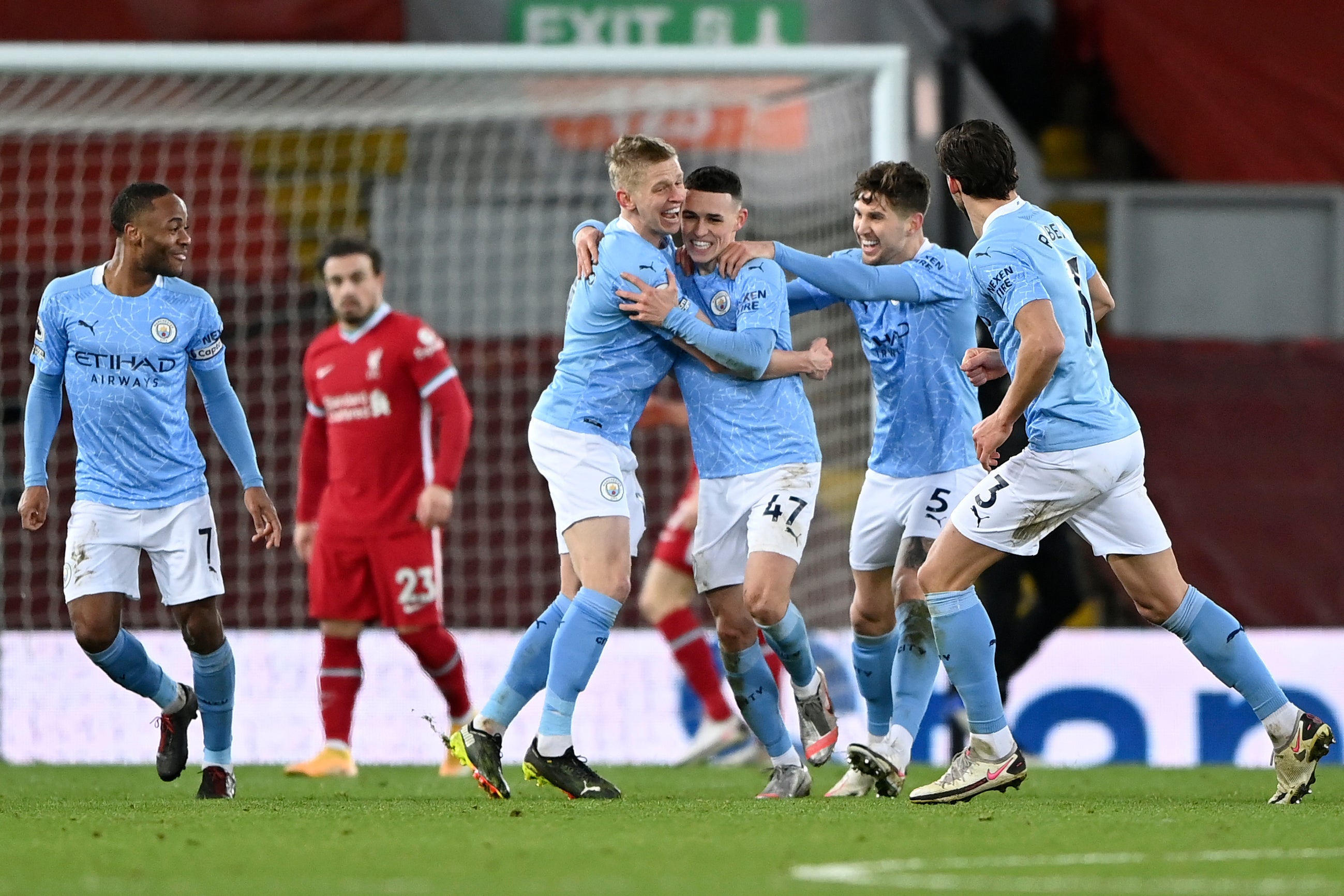 City celebrate Phil Foden scoring their fourth goal