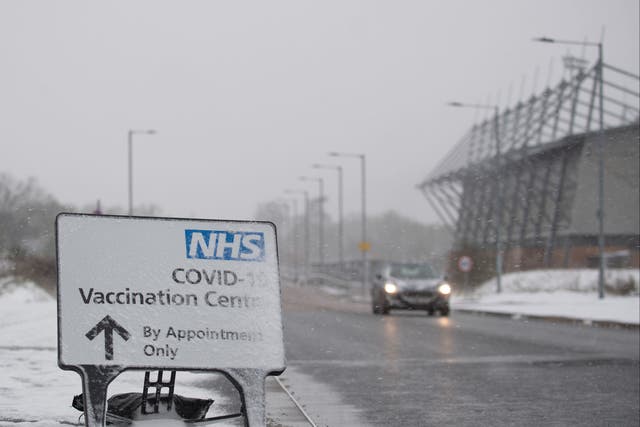 <p>Snow forced the closure of the NHS Covid-19 vaccination centre at the Jobserve Community Stadium in Colchester, Essex</p>