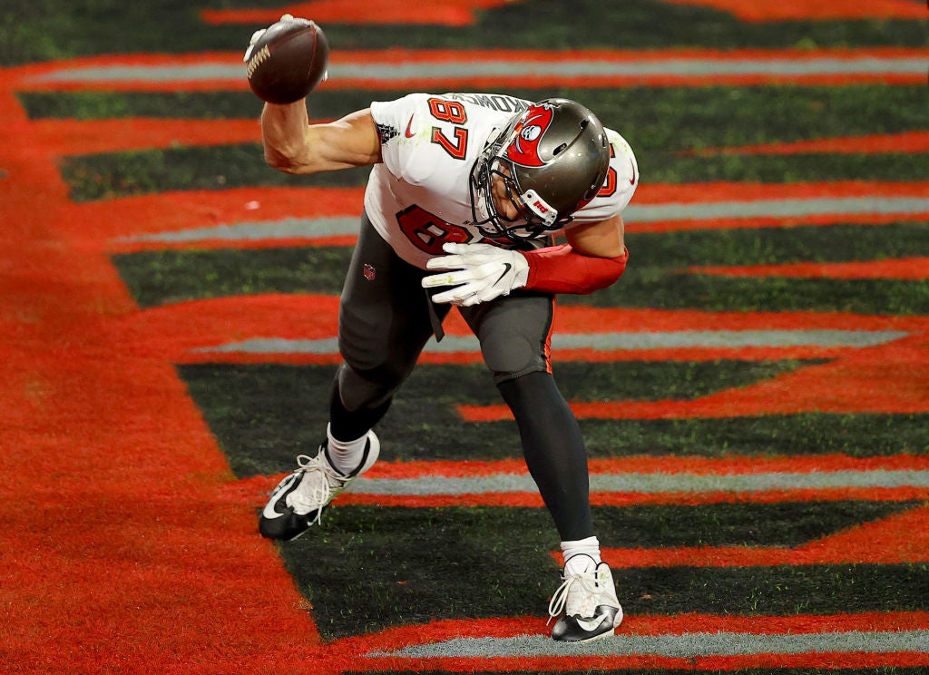 Rob Gronkowski spikes the ball after scoring a 17 yard touchdown