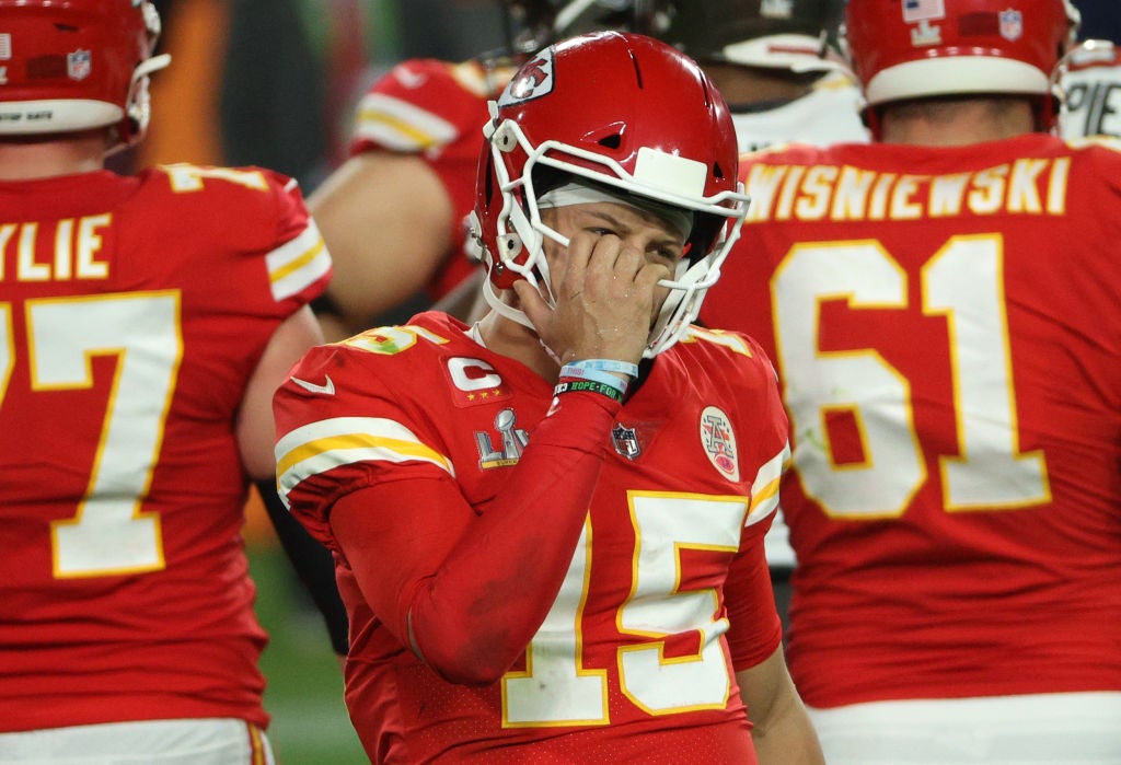 Patrick Mahomes reacts in the fourth quarter