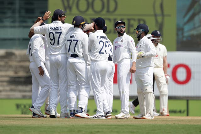 India team celebrates a wicket during day four of the first test match between India and England in Chennai