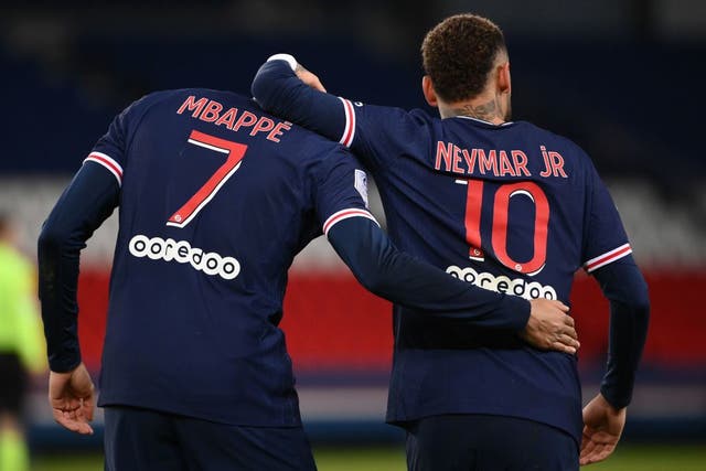 Kylian Mbappe and Neymar celebrate for PSG