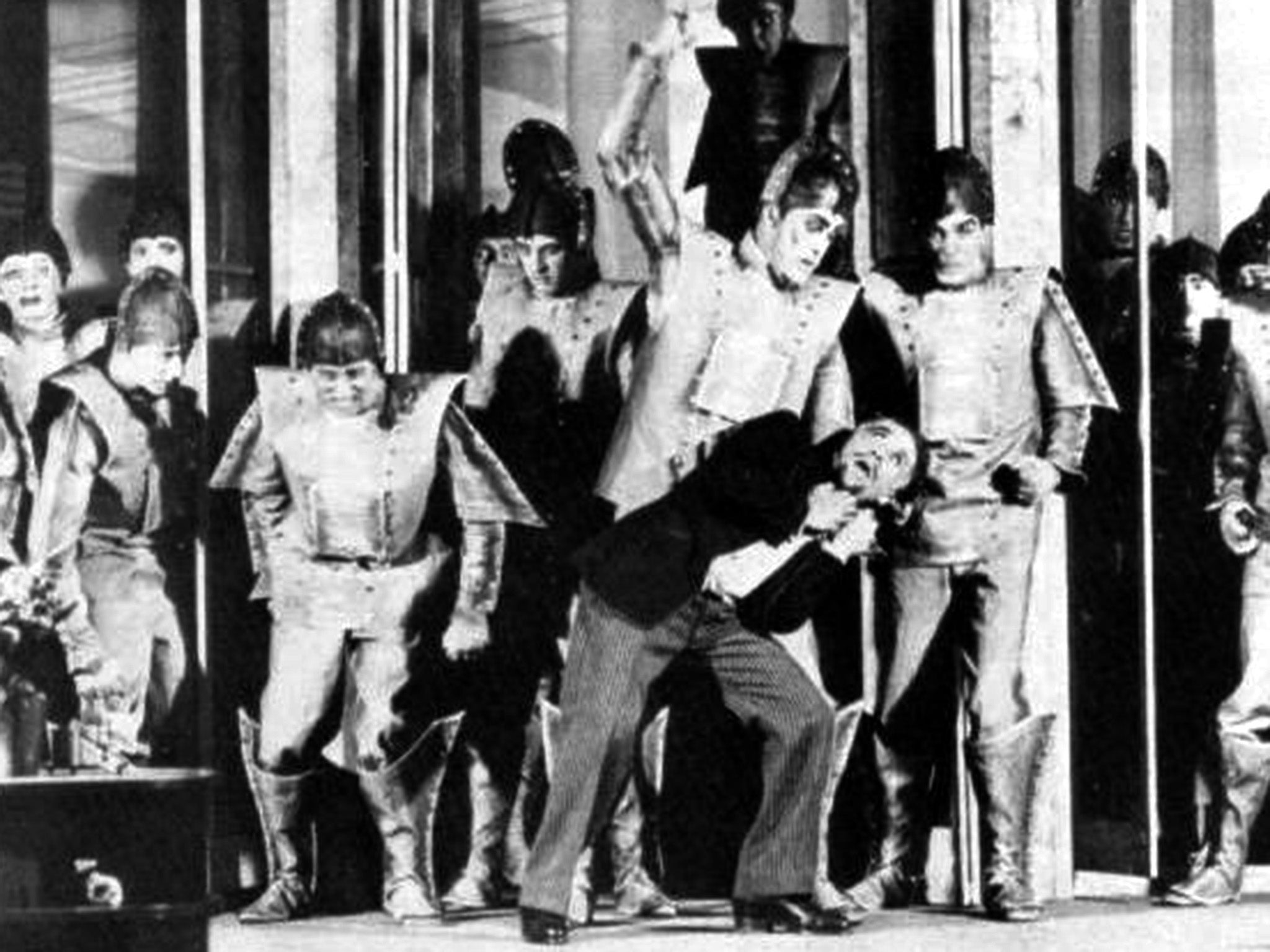 The robots break into the factory at the end of Act 3 in a 1928–1929 production of ‘RUR’