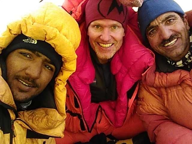 Sajid Sadpara with John Snorri, from Iceland, and Muhammad Ali Sadpara, from Pakistan, pictured before their ascent to K2 on 3 February