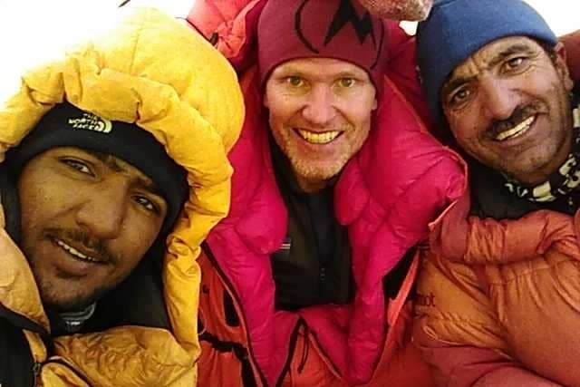 <p>Sajid Sadpara with John Snorri, from Iceland, and Muhammad Ali Sadpara, from Pakistan, pictured before their ascent to K2 on 3 February</p>