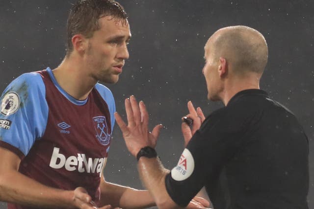 Referee Mike Dean’s decision to send off West Ham’s Tomas Soucek was overturned on Monday