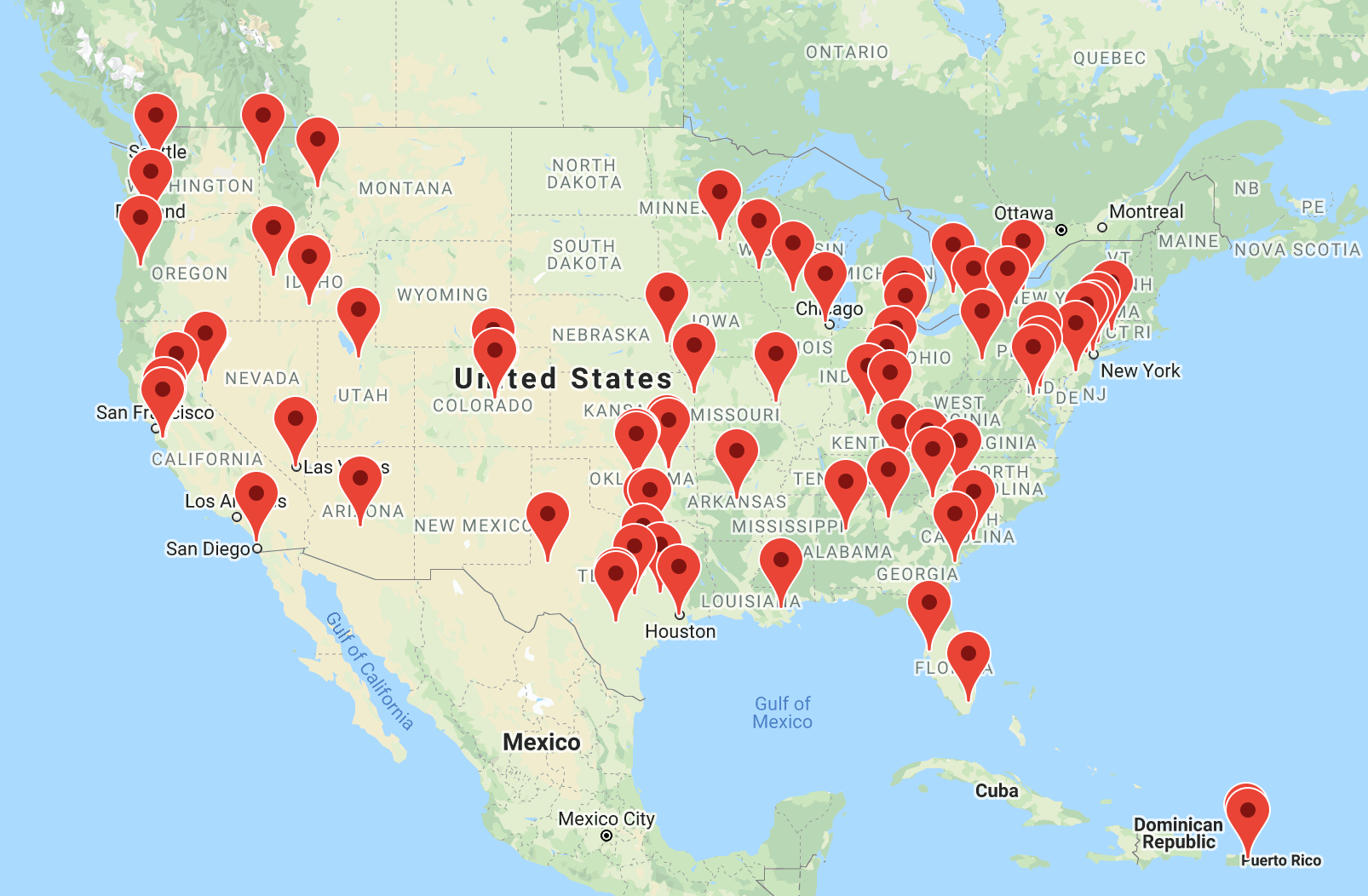 The locations of pollen count stations across the US