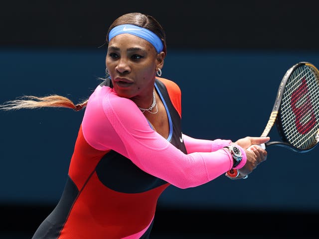 <p>Serena Williams of The United States of America plays a backhand in her Women's Singles first round match against Laura Siegemund of Germany during day one of the 2021 Australian Open</p>