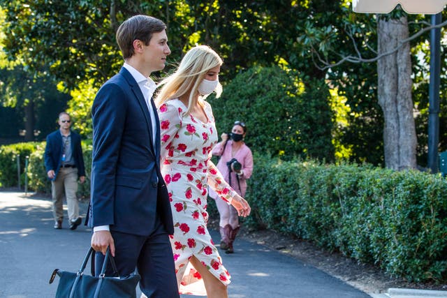 <p>Ivanka Trump, right, daughter of and adviser to President Donald Trump, and White House senior adviser Jared Kushner walk on the South Lawn after they arrived with the president at the White House, Sunday, July 26, 2020.</p>