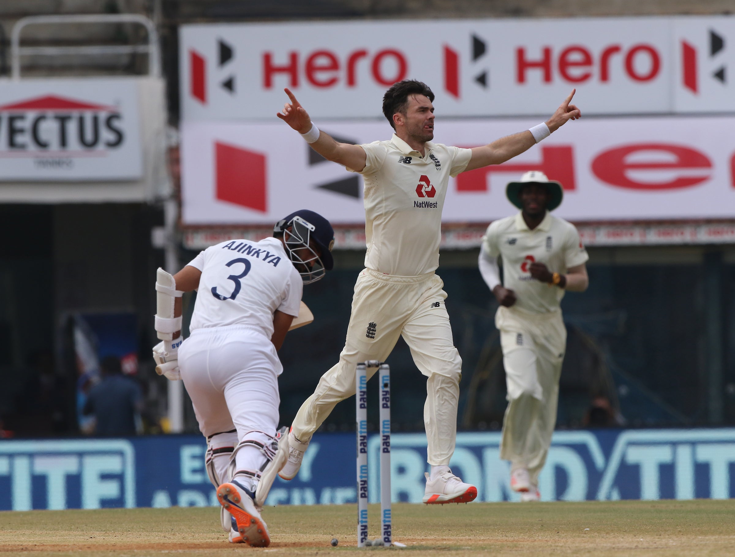 <p>James Anderson celebrates the wicket of Ajinkya Rahane</p>