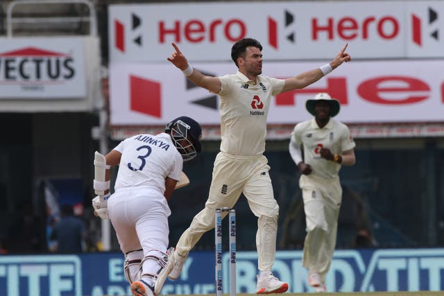 James Anderson celebrates the wicket of Ajinkya Rahane