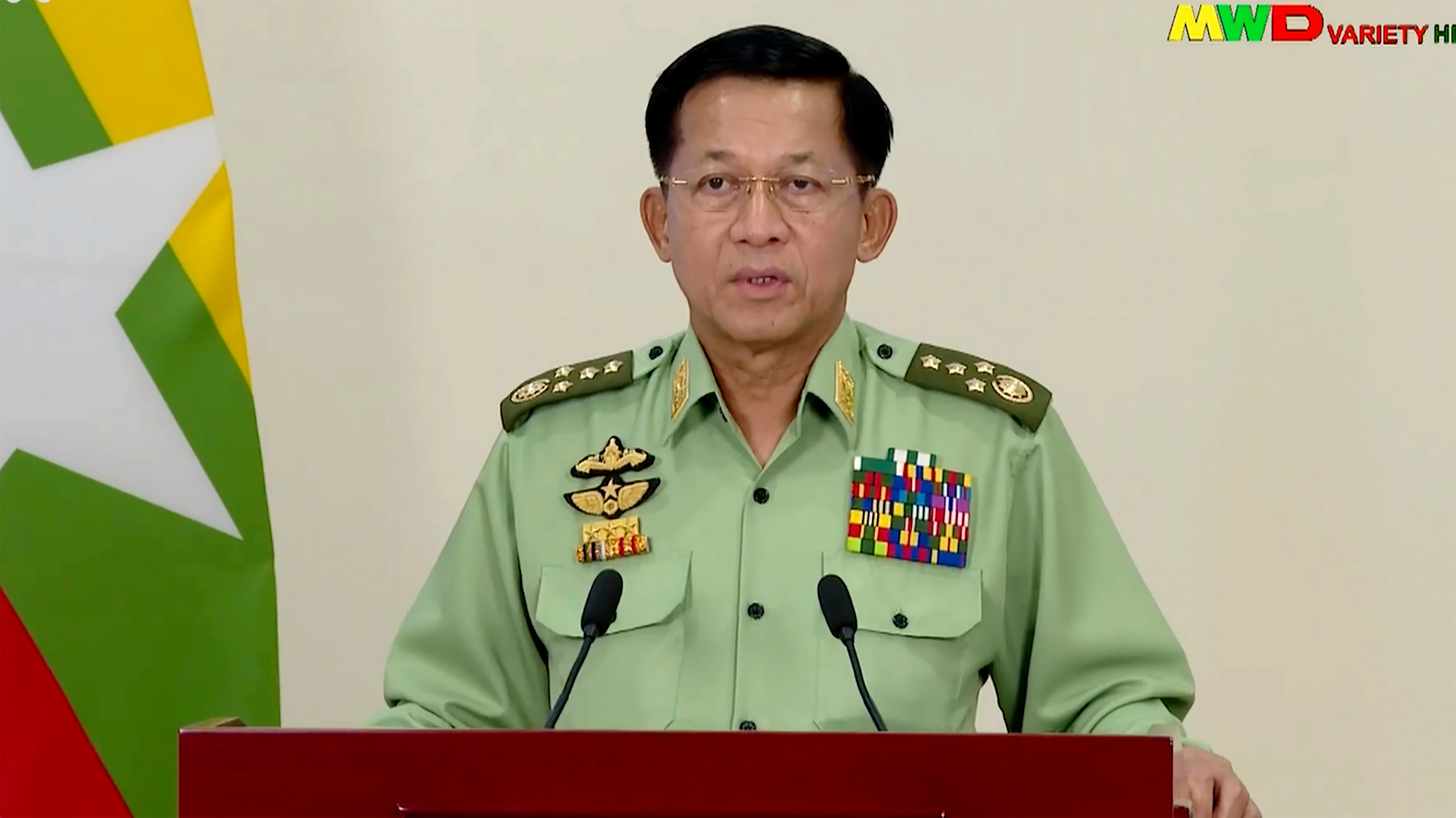 Myanmar Commander-in-Chief Senior Gen. Min Aung Hlaing speaks in Naypyitaw, Myanmar. In his first speech to the nation after grabbing power a week ago, Myanmar’s military chief blamed politicians and the election commission for forcing him to stage the coup d’état