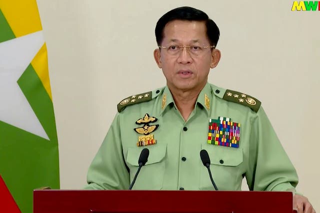 <p>Myanmar Commander-in-Chief Senior Gen. Min Aung Hlaing speaks in Naypyitaw, Myanmar. In his first speech to the nation after grabbing power a week ago, Myanmar’s military chief blamed politicians and the election commission for forcing him to stage the coup d’état</p>
