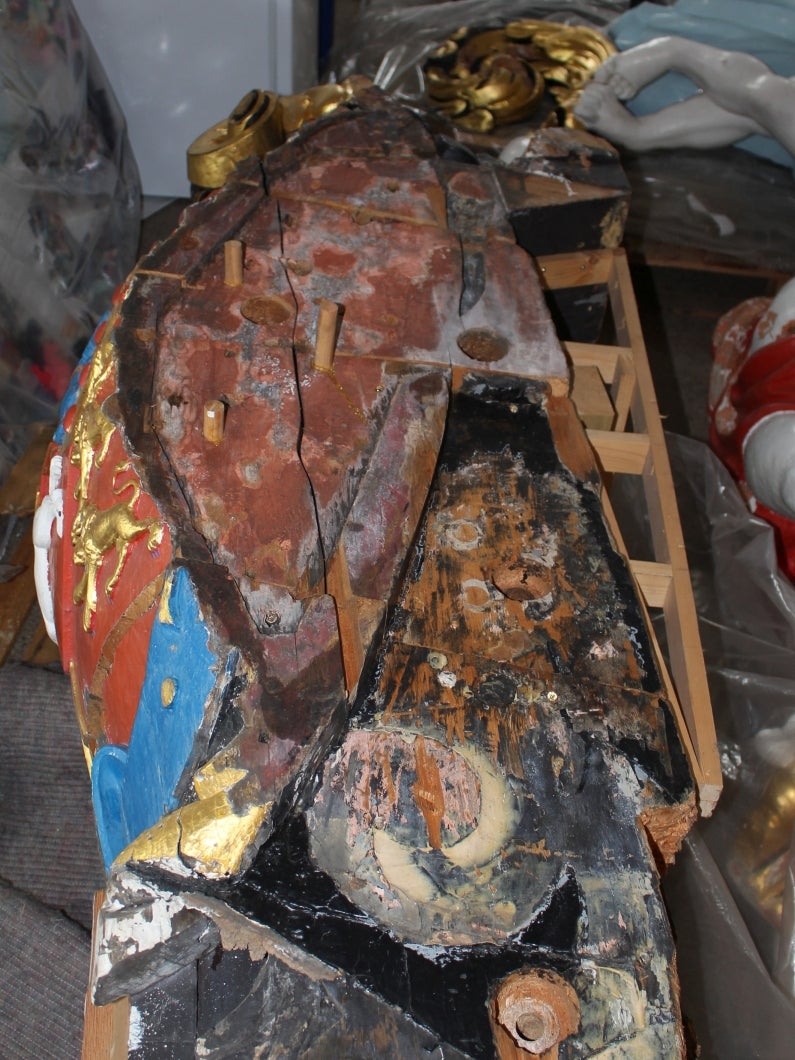 Part of HMS Victory’s 10 foot tall early 19th-century sculpted figurehead, which, in 2009, was mistakenly thought to be a modern replica - and was consequently sawn-up by naval contractors into six pieces with a chainsaw