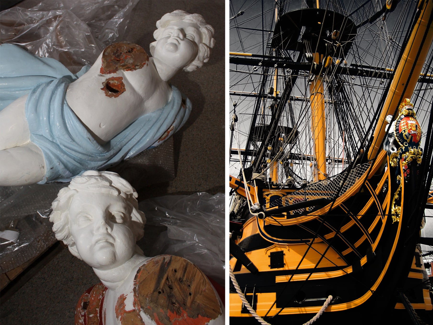 Left: Part of HMS Victory 's 10 foot early 19th-century figurehead which, in 2009, was mistakenly thought to be a modern replica. Right: HMS Victory in 2007 – showing the sculpture just two years before it was sawn into pieces