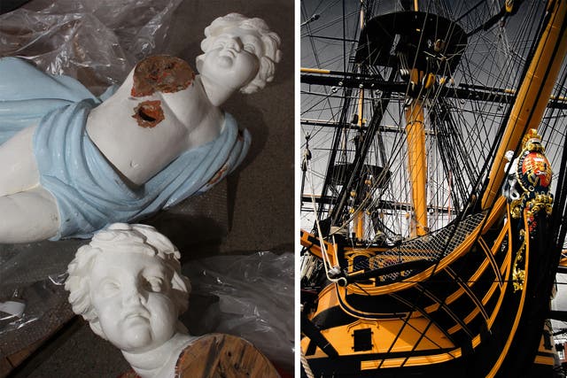 <p>Left: Part of?<em>HMS Victory</em>'s 10 foot early 19th-century figurehead which, in 2009, was mistakenly thought to be a modern replica. Right: <em>HMS Victory</em>?in 2007 – showing the sculpture just two years before it was sawn into pieces </p>