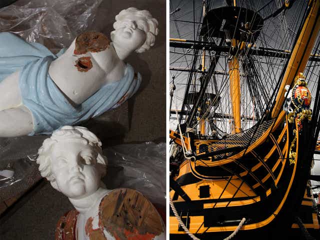 <p>Left: Part of <em>HMS Victory</em>'s 10 foot early 19th-century figurehead which, in 2009, was mistakenly thought to be a modern replica. Right: <em>HMS Victory</em> in 2007 – showing the sculpture just two years before it was sawn into pieces </p>