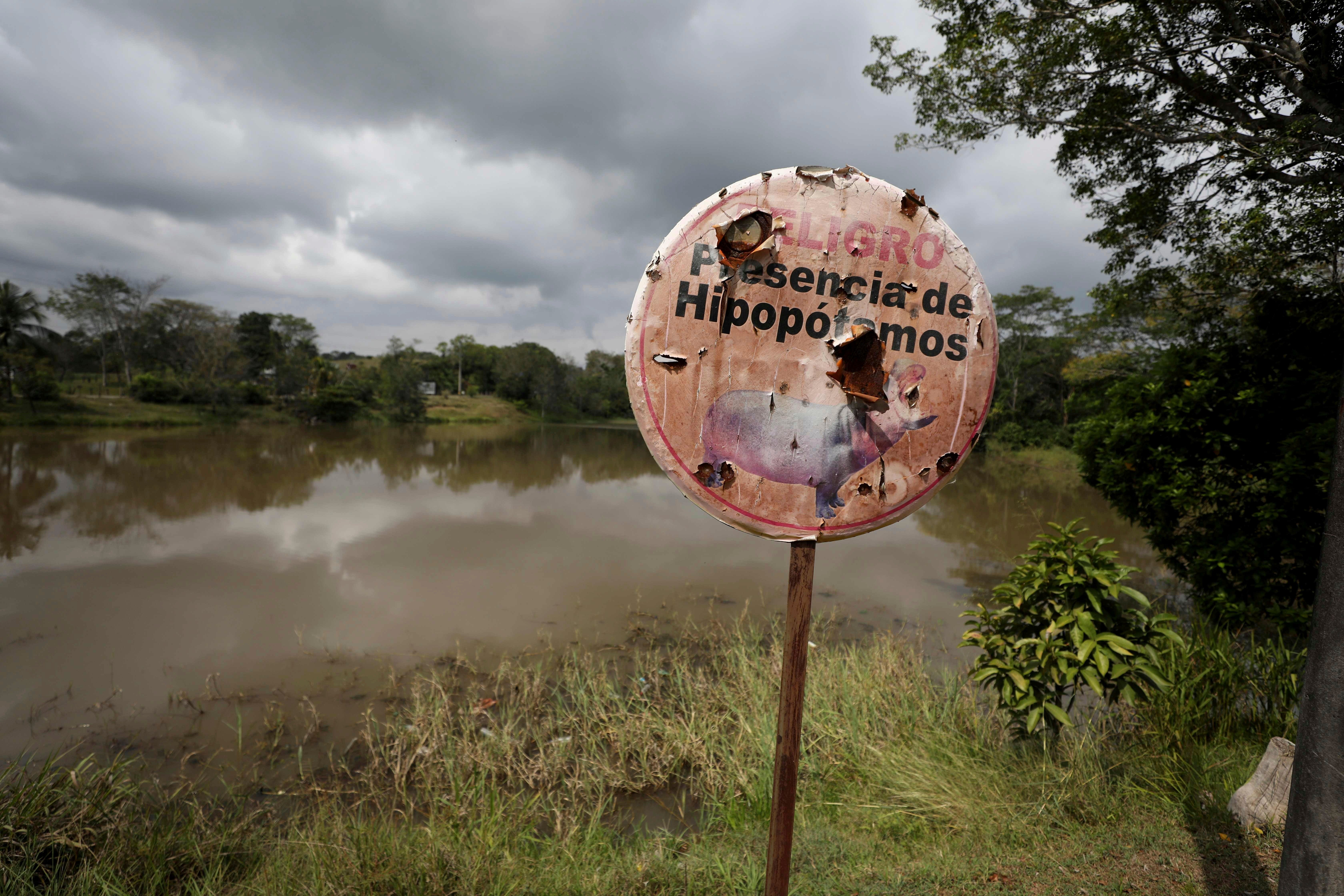 A hippo warning stands on the shore of a lagoon near Doral, Colombia