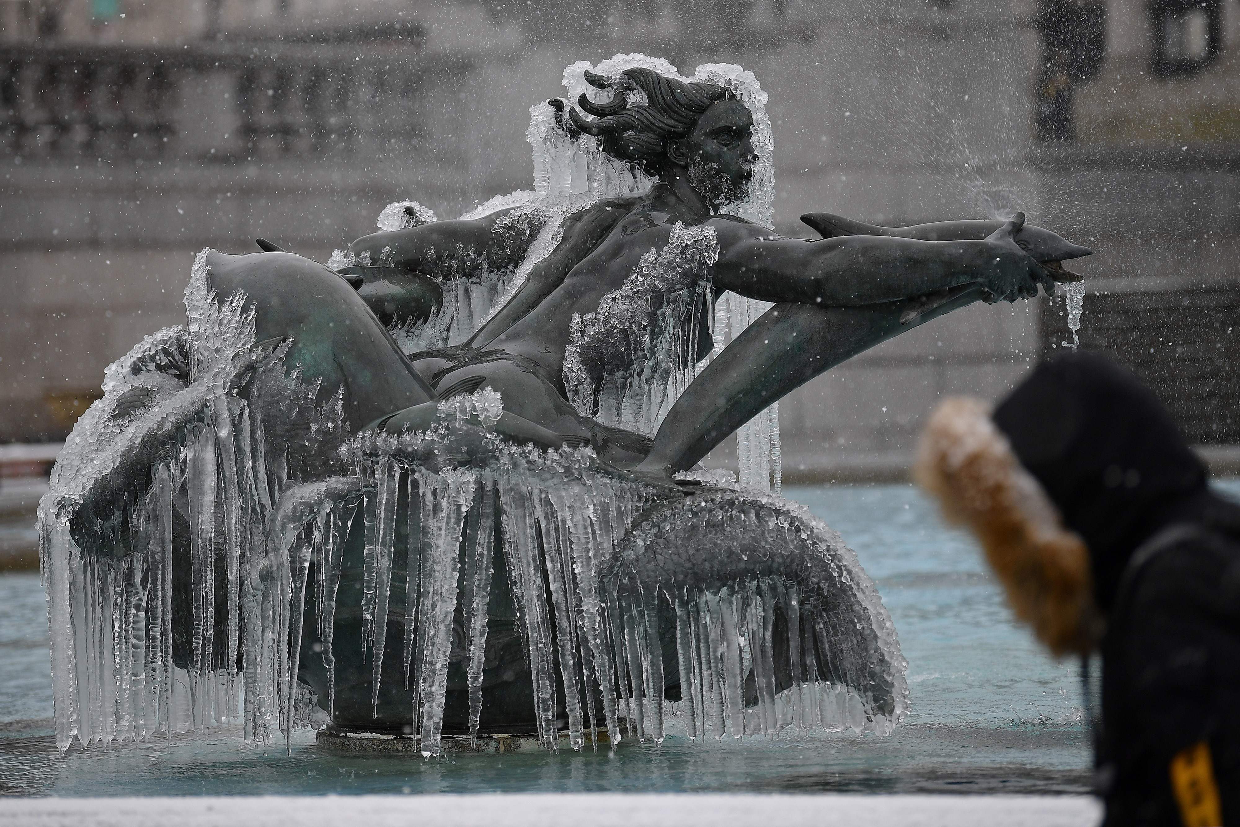 Icicles on London’s Trafalgar Square fountains after temperatures plunged in capital