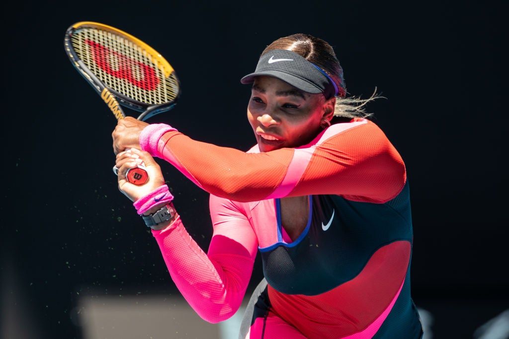 Serena Williams plays a backhand in the second round against against Nina Stojanovic