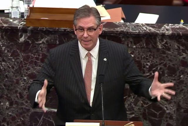 <p>Attorney Bruce Castor, representing and defending former President Donald Trump, addresses the U.S. Senate as it begins the second impeachment trial of former president, on charges of inciting the deadly attack on the US Capitol, on the floor of the Senate chamber on Capitol Hill in Washington, on 9 February 2021</p>