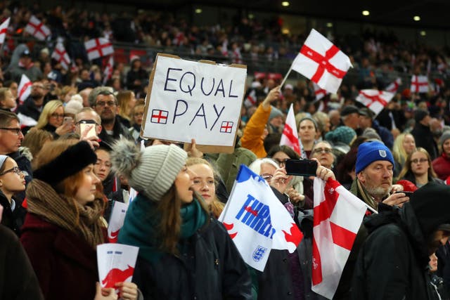 <p>The message is clear at a women’s friendly between England and Germany at Wembley Stadium in November 2019</p>