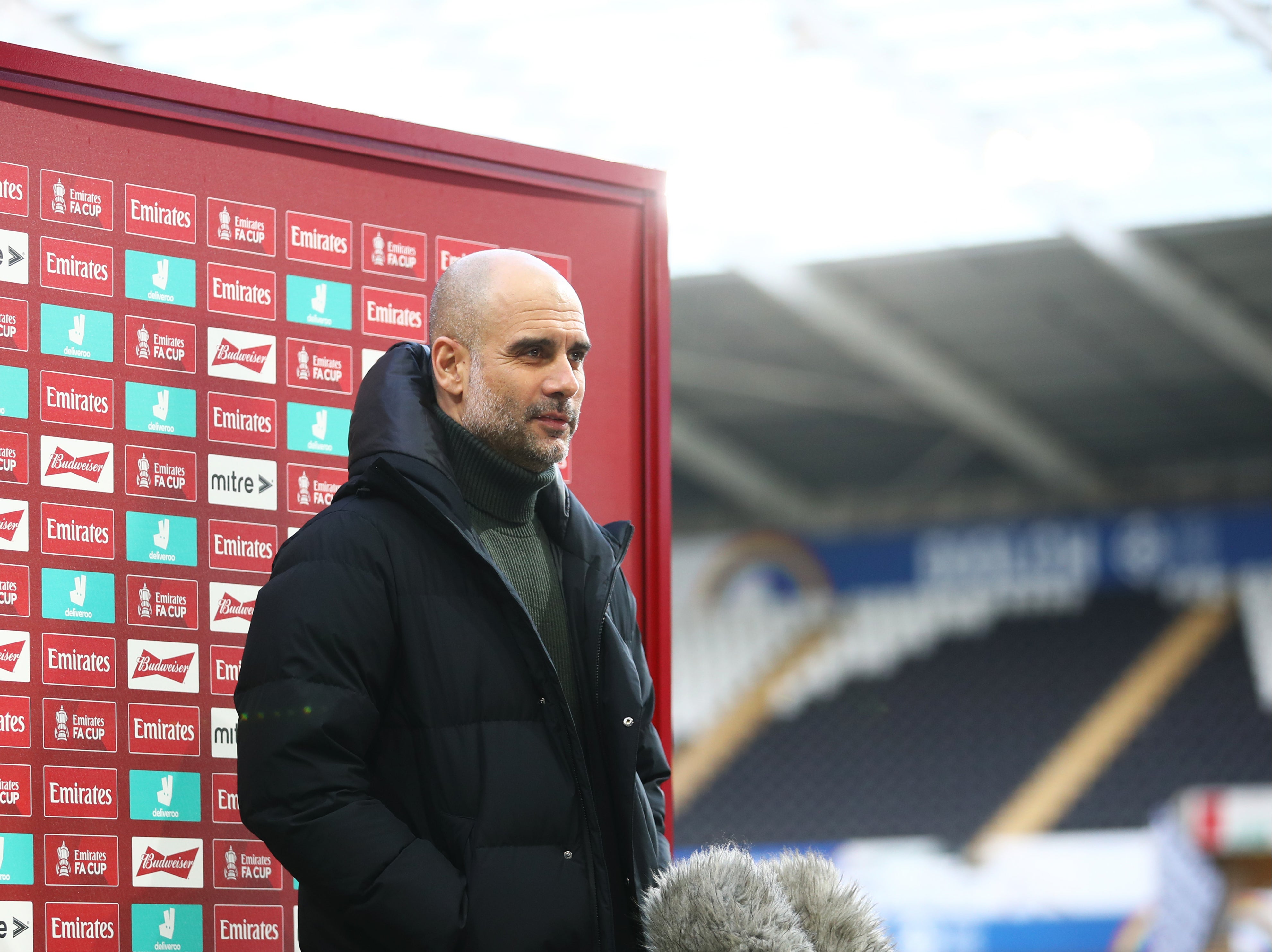 Manchester City coach Pep Guardiola at Swansea’s Liberty Stadium